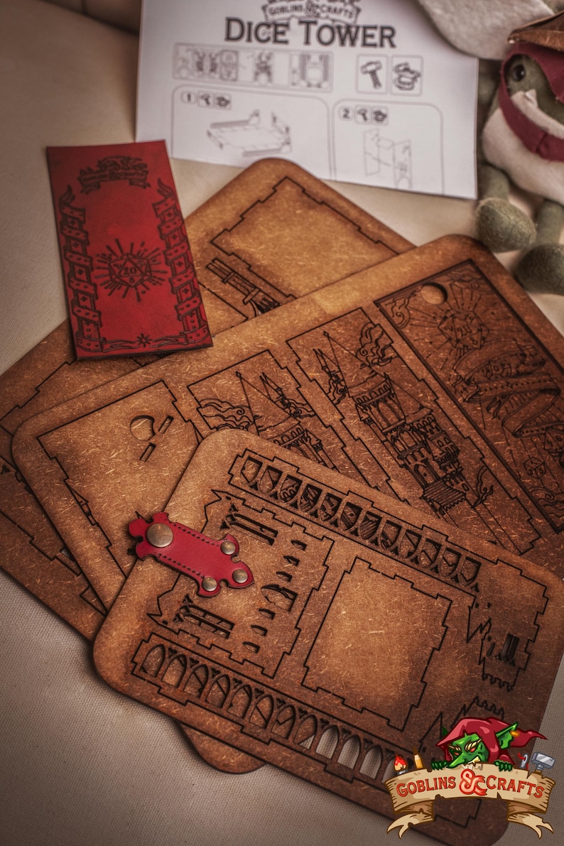 DnD Fantasy Dice Tower and Tray with Leather Mat. Foldable Dice Tower for RPGs, War Games. Medieval Castle Themed Transformable Dice Tower. Matrix