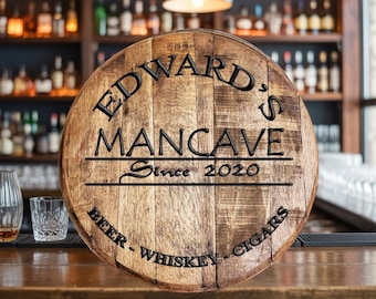 Personalized Whiskey Barrel Man Cave Bar Sign, Gifts for Dad, Whiskey Barrel Head Rustic Wall Decor
