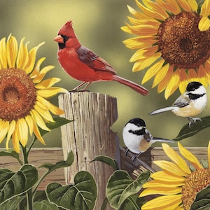 Sunflowers & Birds  Cotton Panel 35 inches x45 inches Wide