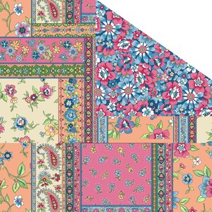 Peut inclure: Un motif patchwork avec des motifs floraux et cachemire dans les tons de rose, bleu, orange et crème. Le motif comprend divers arrangements floraux et des bordures décoratives, créant un motif textile vibrant et détaillé.
