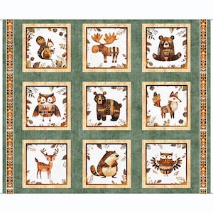 May include: A fabric panel featuring nine framed illustrations of woodland animals. The animals include a squirrel, moose, bear, owl, fox, deer, and a second bear and owl. The panel has a green background with decorative borders and a neutral color palette.