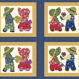May include: A blue and white patterned fabric with four squares. Each square features a pair of figures, a girl in a red dress and a boy in blue overalls. The figures are holding a flower, a watering can, and a heart.