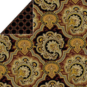 May include: A double-sided paper with a paisley pattern in shades of brown, black, and gold. One side features a repeating floral design, while the other has a black background with a repeating circular pattern. Suitable for crafts.