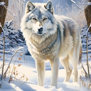 May include: A majestic gray and white wolf standing in a snowy forest. The wolf has thick, textured fur, pointed ears, and amber eyes. It is positioned between two large, snow-covered tree trunks in a winter landscape with pine trees.