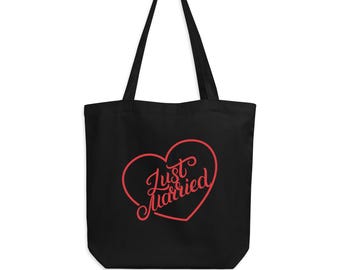 Borsa tote Just Married / Regalo di nozze in cotone biologico / Borsa da spiaggia per la luna di miele / Borsa tote da sposa ecologica / Borsa regalo per sposi novelli