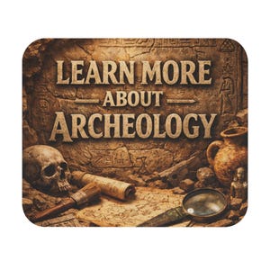 Puede incluir: Una alfombrilla de ratón rectangular con el texto LEARN MORE ABOUT ARCHEOLOGY en letras negritas. El fondo muestra una pared de piedra con grabados antiguos, un cráneo humano, un pergamino, un pincel, una lupa y una jarra de barro.