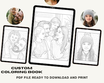 May include: A digital illustration of a custom coloring book displayed on a tablet. The image shows a family portrait, with additional family photos in the background. Text on the image reads "CUSTOM COLORING BOOK PDF FILE READY TO DOWNLOAD AND PRINT."