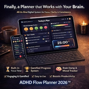 May include: A digital planner on a tablet and smartphone, with the text "Finally, a Planner that Works with Your Brain." The screen displays a mood and energy tracker, top tasks, and a timer. The planner includes a built-in focus timer, gamified progress system, and brain dump and mood tracker. The product is called ADHD Flow Planner 2026.
