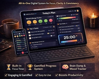 ADHD Digital Planner 2026 | Interaktiv Idéplanerare | Fokus- och Produktivitetssystem | Gamifierad Vanespårare | Daglig Veckoplanerare ADHD