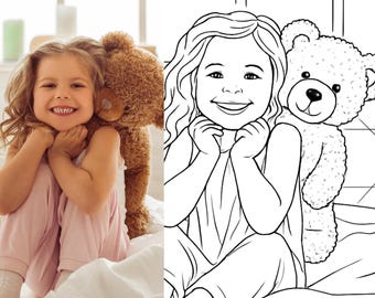 May include: A young girl in pink pajamas smiles while sitting on a bed, hugging a brown teddy bear. The girl has curly blonde hair and is looking directly at the camera. The teddy bear is positioned behind her.