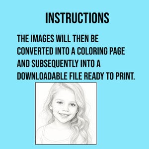 May include: A digital art image on a light blue background with the word "INSTRUCTIONS" in bold black letters. Below the text is a description of the process. A black and white drawing of a smiling girl is in a white square.