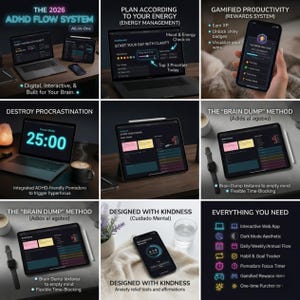 Puede incluir: Anuncio del "2026 ADHD Flow System" con interfaces digitales en portátil, tableta y smartphone. La imagen destaca la gestión de la energía, la productividad gamificada y el método "Brain Dump". El texto detalla una aplicación web interactiva y una estética de modo oscuro.