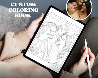 May include: A digital tablet displaying a custom coloring book with a family portrait. The text "CUSTOM COLORING BOOK" is visible on the upper left. A small circular photo of the family is in the upper right corner. A white stylus is held in the hand.