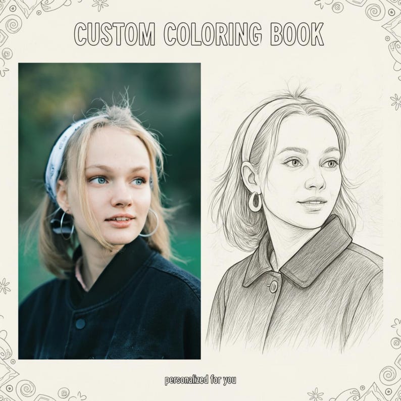 May include: A custom coloring book with a photograph and a pencil sketch of a person. The photograph shows a person with blonde hair, blue eyes, and a white bandana. The sketch is a black and white drawing of the same person.