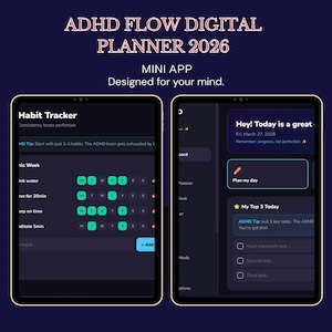 Puede incluir: Aplicación de planificador digital para 2026, diseñada para la mente. La interfaz presenta un rastreador de hábitos con vista semanal y un planificador diario con una lista de tareas. El diseño de la aplicación es oscuro con acentos turquesa y blancos.