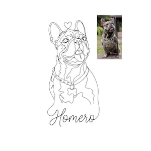 Puede incluir: Un dibujo de una sola línea en blanco y negro de un bulldog francés con un collar con una placa en forma de hueso y un pequeño corazón sobre su cabeza. El nombre Homero está escrito en cursiva debajo del perro. Incluye una foto.