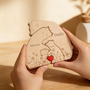 Knuffelbeerfamilie Bloemenversie, gepersonaliseerde houten familiepuzzel beren, woondecoratie familie, cadeau voor moeder, cadeau voor mama, verjaardagscadeau moeder.