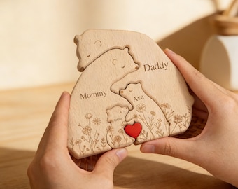 Umarmung Bärenfamilie Floral Version, personalisierte Bärenfamilie Puzzle aus Holz, Familie Wohnkultur, Geschenk für Mama, Geschenk für Mama, Mama Geburtstagsgeschenk.