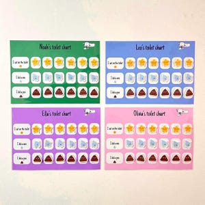 May include: Four toilet training charts in green, blue, purple, and pink, each personalised with a child's name. The charts feature star icons, toilet symbols, and phrases like "I sat on the toilet," "I did a wee," and "I did a poo."