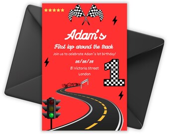 1st Birthday Invitation, First Lap Around the Track, Racing Theme, Customisable Invite, Boy Birthday Party