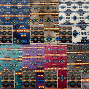 May include: A collection of 10 fabric swatches featuring various geometric patterns in shades of blue, red, purple, brown, and grey. The patterns include a repeating design of diamonds, stripes, and zigzags.