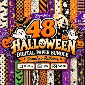 Peut inclure: Un lot de papier numérique comprenant 48 motifs d'Halloween sans couture aux couleurs orange, noir, violet et blanc. Les motifs incluent des citrouilles, des fantômes, des chauves-souris, des toiles d'araignée, des étoiles et des lunes.