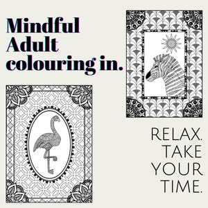 Puede incluir: Dos páginas para colorear en blanco y negro con diseños intrincados. Una página presenta un flamenco en un marco circular, la otra presenta una cebra con un sol detrás. El texto "Mindful Adult colouring in." está en la parte superior de la imagen. El texto "RELAX. TAKE YOUR TIME." está en la parte inferior de la imagen.
