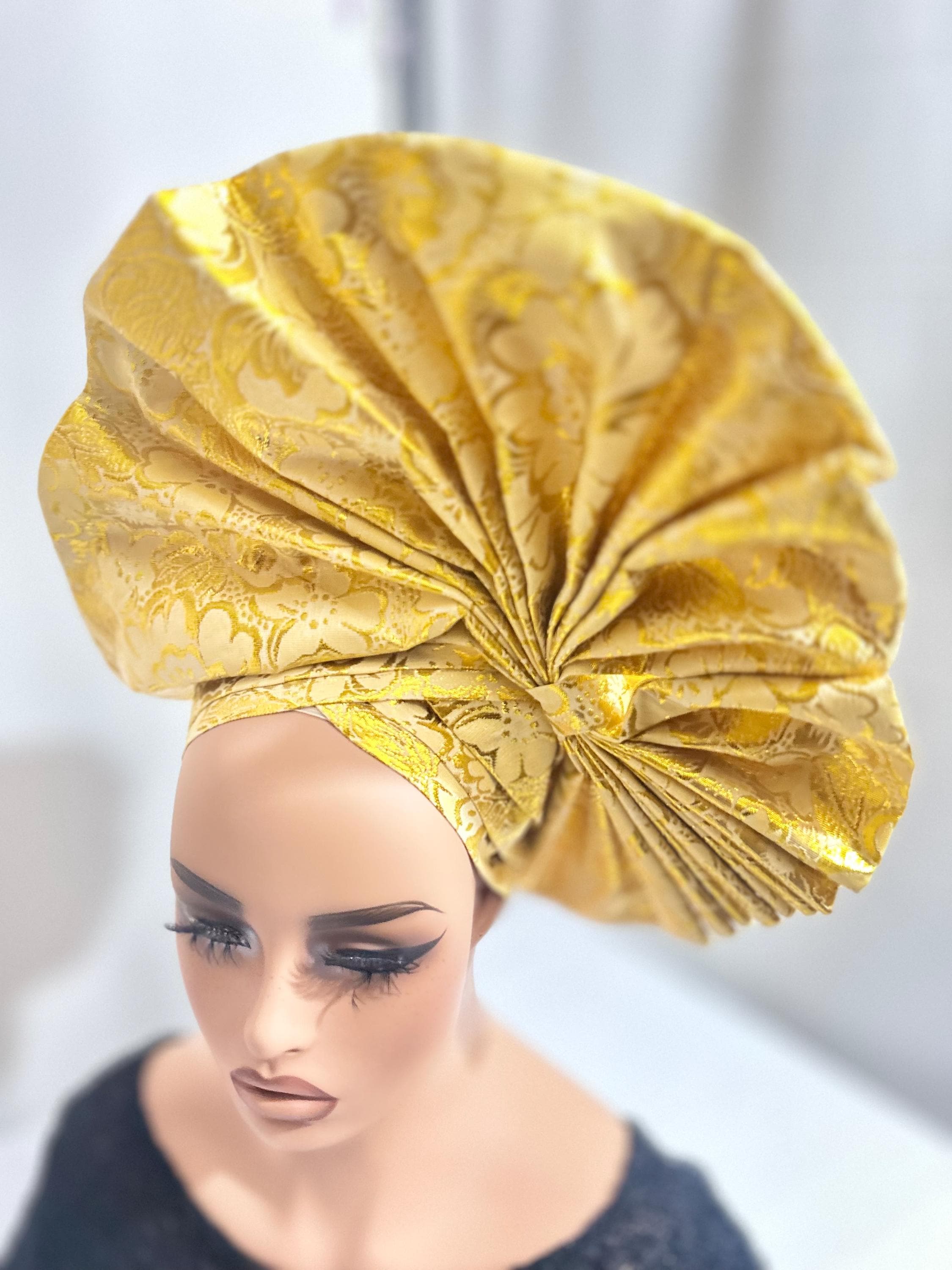 Handmade Gold Gele Headwrap – Elegant Stretch Polyester 