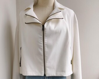 SISLEY Italian Blazer: Minimalist Beige Jacket with Zipper, Size S-M