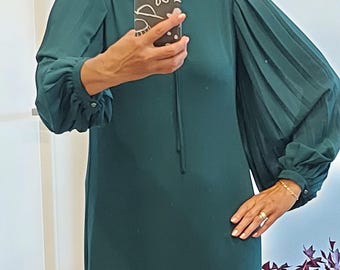 Emerald Green Sisley Dress, Pleated Sleeve Minimalist Cocktail Dress, EU(M)