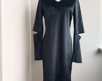 Black Velvet Mini Dress, Cut Elbow Sleeve, Cocktail Party Dress