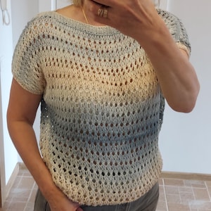 Hand Knit Cotton Lace Cropped Sweater/ Azure Short-Sleeved Sweater/ Knit Sweater Short Sleeve/  Cotton Pullover/ Knitted Jumper for Women
