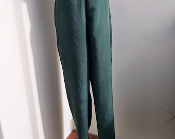 Vintage Green Silk Trousers, High Waisted Wide Leg Pants, Size M