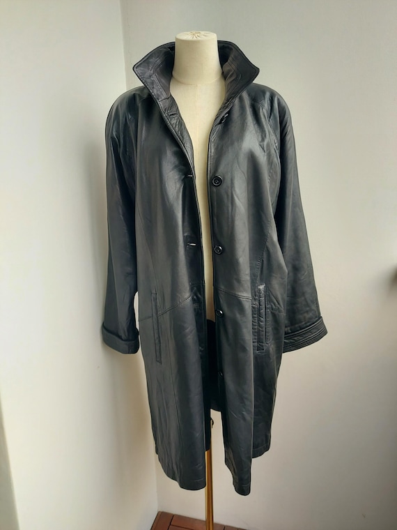 Vintage Black Leather Coat, 80s Women's Trench Coat (Size M-L)