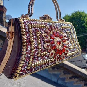 Red Gold Crystal beaded Evening Bag Rhinestone Clutch Purse with Handle | Sparkly Statement Handbag for Weddings, Parties & Special Event