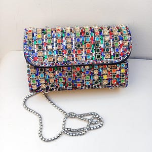 Colourful Rhinestone beaded Clutch Purse | Sparkly Evening Bag with Chain Multicolour Crystal Handbag | Party Bag | Wedding Guest purse