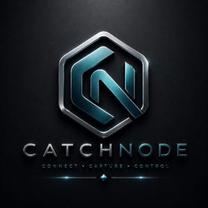 May include: A metallic logo with the word "CATCHNODE" in silver, below which are the words "CONNECT CAPTURE CONTROL". The logo is a silver hexagon with a teal design inside. The background is black.