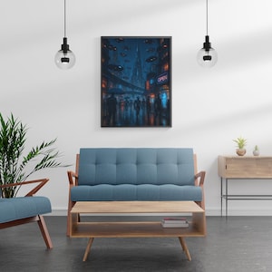 Dark Cyberpunk Cityscape Digital Art Print – Futuristic Sci-Fi Wall Decor, AI Robots & Skyscrapers | Instant Download