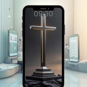 May include: A smartphone displays a black cross with gold accents against a dark background. The time 09:30 is displayed at the top. Two other smartphones are visible in the background.