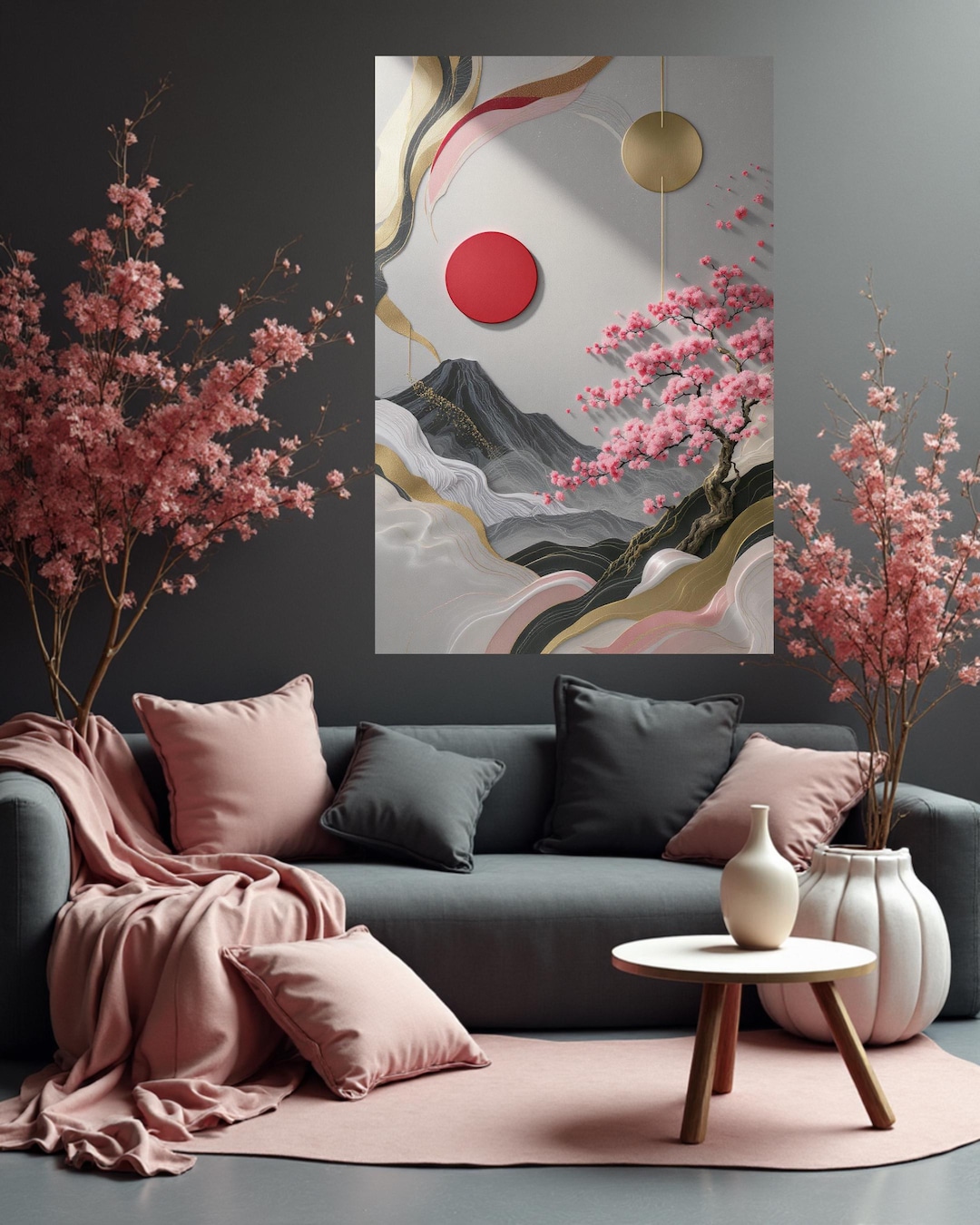 Japanese Cherry Blossom Wall Art – Golden Mountain Landscape (digital ...