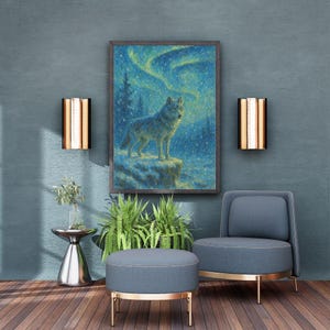 Impressão Wolf Starry Night: Cena de inverno com aurora boreal (download digital de arquivo PNG 1024x1536)