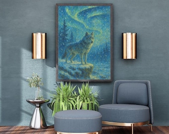 Wolf Starry Night Print: Northern Lights Winter Scene (Digital Download 1024x1536 PNG File)