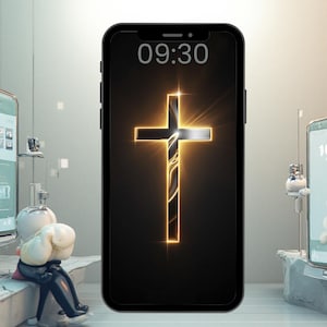 Puede incluir: Un smartphone negro muestra una cruz dorada brillante en su pantalla, con la hora 09:30 en la parte superior. Se ven otros dos smartphones, uno a cada lado, con diferentes interfaces. La escena tiene una estética moderna y artística.