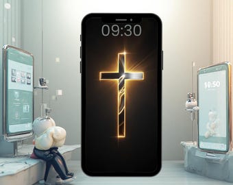 Christian Cross Phone Wallpaper 4K Gold Jesus Cross Lock Screen, Spiritual Protection Background, Elegant Religious iPhone Android Wallpaper