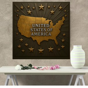Arte mural con mapa de EE. UU. dorado/impresión digital de bandera de metal 3D/decoración patriótica en plata y oro brillante/decoración del hogar de Estados Unidos