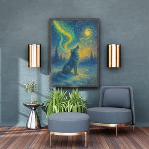 Print met huilende wolf sterrennacht: muurkunst noorderlicht (digitale download)