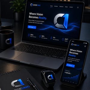 May include: A modern workspace setup featuring a laptop, smartphone, smartwatch, notebook, and pen. The laptop and smartphone display a website with the text "Where Vision Becomes Reality." The color scheme is primarily black and blue, with the "CODEUNO" logo visible on multiple items.