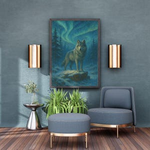 Impressão de Aurora Boreal de Lobo: Arte de Parede Mística de Floresta de Inverno (Download Digital PNG)