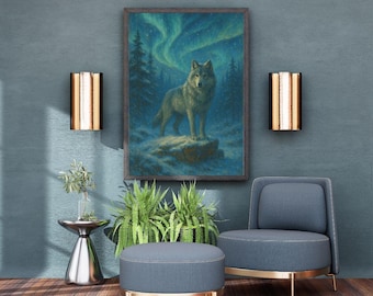 Wolf Northern Lights Print: Mystical Winter Forest Wall Art (PNG Digital Download