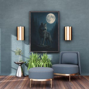 Wolf Moon Forest Print: Mystical Night Wall Art (Digital Download 1024x1536 PNG File)